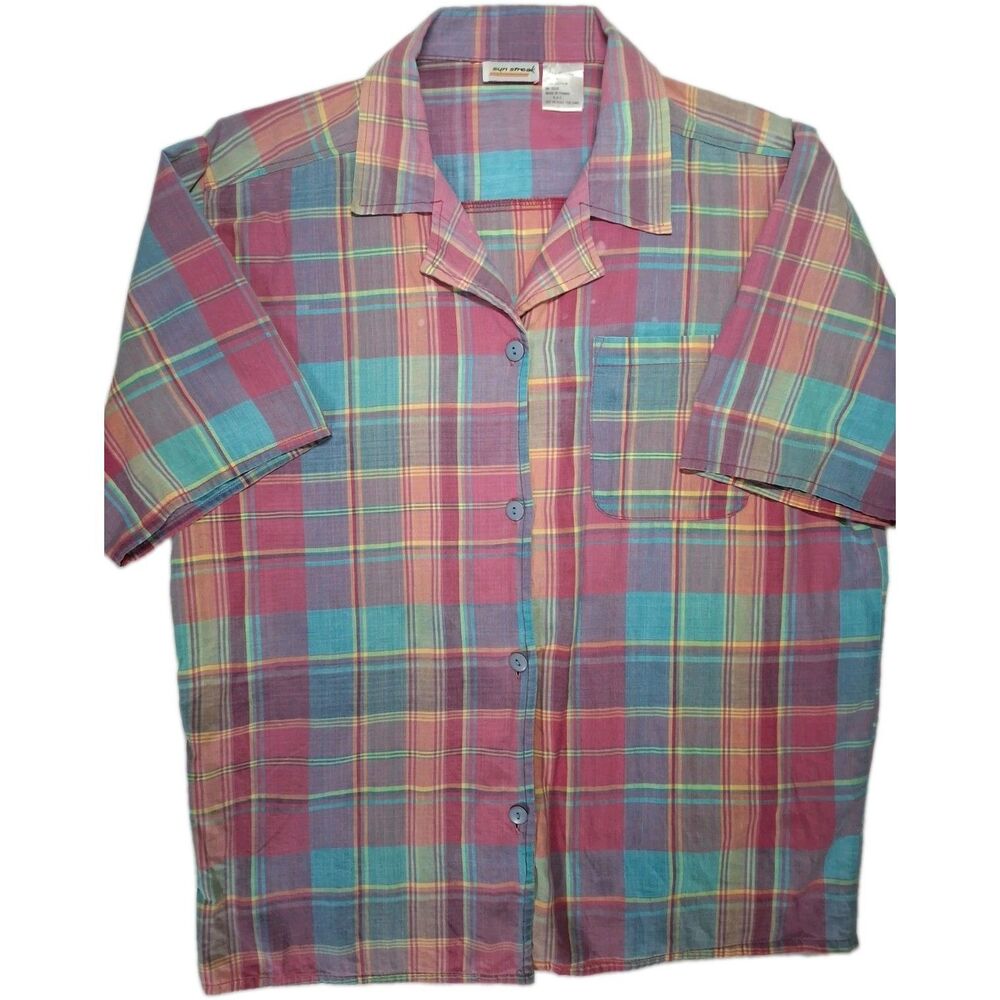 Vintage Sun Streak Men's M Pink Blue Madras Check Plaid SS Shirt Beach